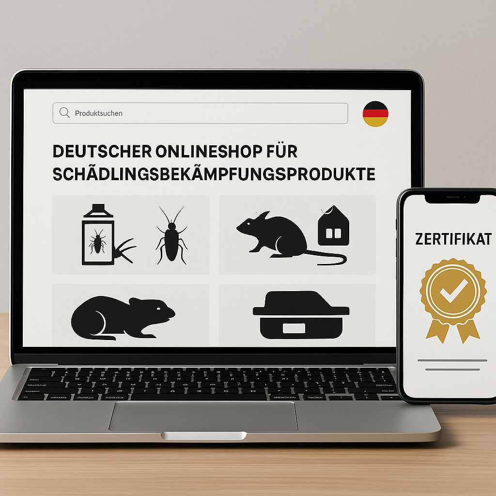 Laptop mit deutscher Webseite für Schädlingsbekämpfungsprodukte und Smartphone mit Zertifikat. Deutscher Onlineshop, geprüfter Fachhändler, Schädlingsbekämpfung, Insektizide, Kakerlakenfallen, Rattenköder, Mäusebekämpfung, Schädlingsmittel online kaufen.