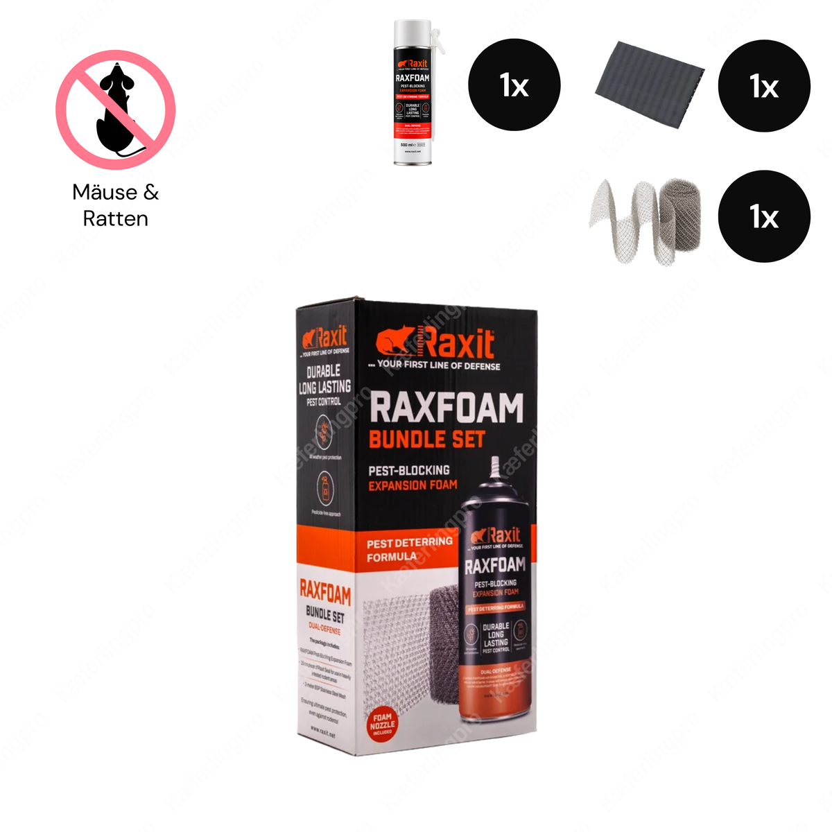 RAXFOAM Bundle Set 500 ml – PU-Schaum mit Edelstahlgewebe & Raxit Seal gegen Nagerzugänge