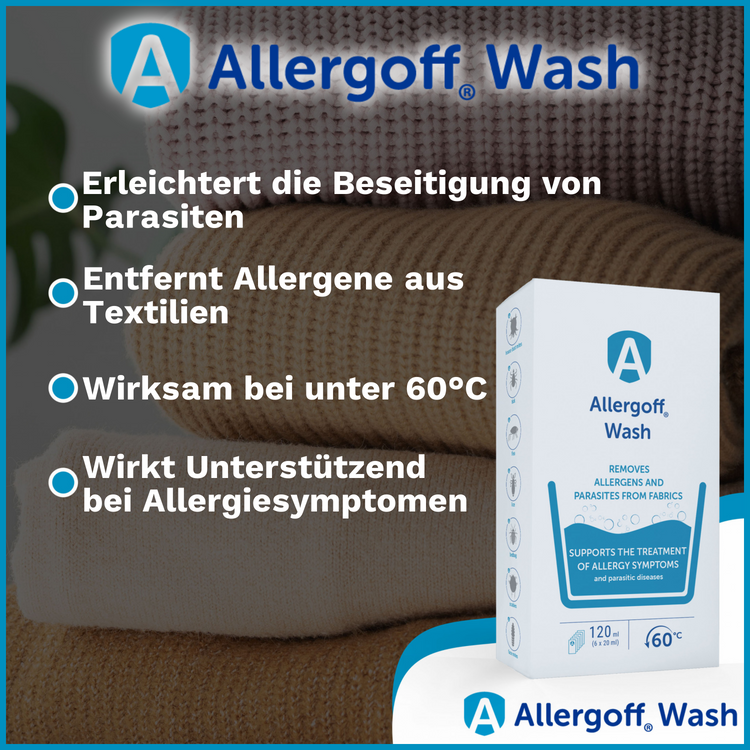 Allergoff Wash ist der Spezialwaschzusatz für Allergiker. Er erleichtert die Beseitigung von Parasiten, entfernt zuverlässig Allergene aus Textilien und entfaltet seine Wirkung bereits bei Temperaturen unter 60°C. Durch die regelmäßige Anwendung unterstützt Allergoff Wash die Linderung von Allergiesymptomen und sorgt für hygienisch saubere Wäsche. Ideal für empfindliche Personen und Haushalte mit erhöhter Allergenbelastung.