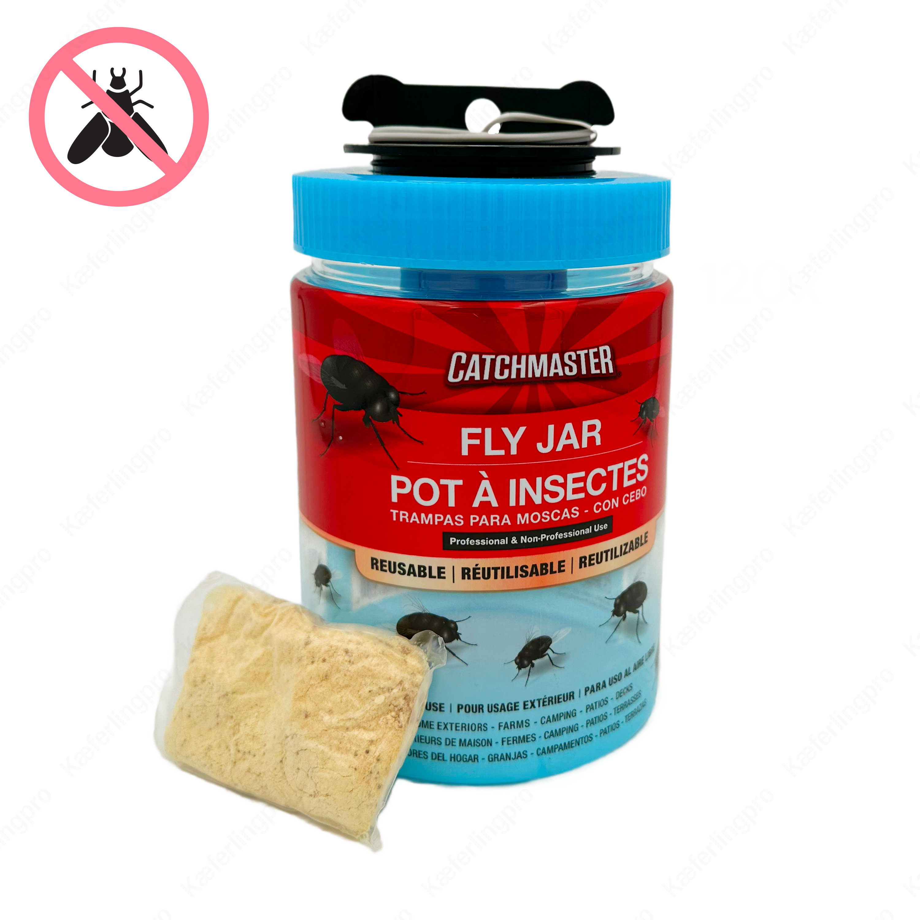 Bilder der Catchmaster Fly Jar Fliegenfalle: Aufbau, Aktivierung mit Wasser/Lockstoff und richtige Platzierung im Außenbereich. Wiederverwendbar, Made in USA.