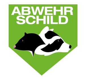 Das Bild zeigt das Logo der Marke Abwehrschild auf grünem Hintergrund. Der Schriftzug ‚Abwehrschild‘ wird durch grafische Darstellungen eines Marders und eines Dachses ergänzt. Das Logo steht für Produkte und Schutzlösungen, die Haus und Grundstück zuverlässig vor Mardern, Dachsen und anderen unerwünschten Tieren schützen. Die klare Gestaltung betont die Wiedererkennbarkeit und signalisiert Stärke, Schutz und Professionalität.