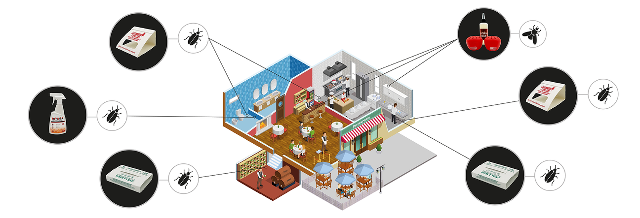 Das Bild zeigt ein mehrstöckiges Gebäude mit Wohn-, Büro- und Klassenzimmern. Verschiedene Schädlings- und Allergenprodukte sind zugeordnet: Sprays gegen Milben, Monitore gegen Bettwanzen, Fliegenfallen, Rattenfallen und Insektengele. Diese Darstellung verdeutlicht den gezielten Einsatz professioneller Lösungen in Küche, Schlafzimmer, Klassenzimmer und Lager.