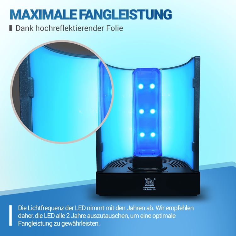 Das Bild zeigt eine LED-Insektenfalle mit hochreflektierender Innenfolie, die das Licht verstärkt und dadurch die Anlockwirkung auf Insekten maximiert. Dank dieser Technologie wird eine besonders hohe Fangleistung erzielt. Herstellerhinweis: Die Lichtfrequenz der LED nimmt mit der Zeit ab, weshalb ein Austausch alle zwei Jahre empfohlen wird, um die Effektivität konstant zu gewährleisten.