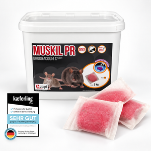 MUSKIL PR fluo RED Pasta 15 g – 5 kg Eimer mit roten Brodifacoum-Portionsbeuteln und Kaeferling Pro Qualitätssiegel
