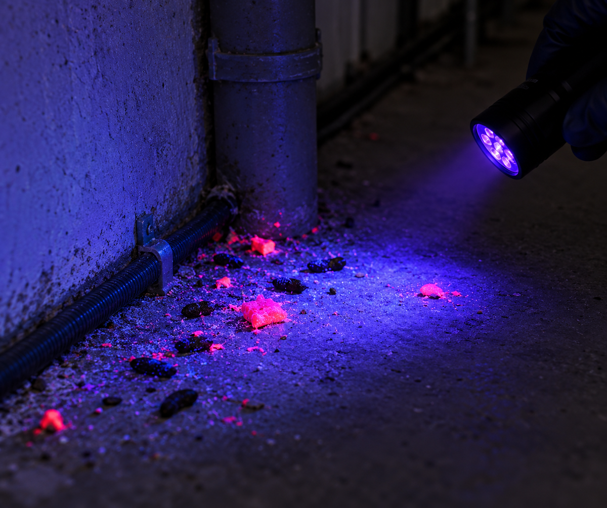 MUSKIL PR fluo RED unter UV-Licht – fluoreszierende Köderreste und Nagerkot zur Nachverfolgung von Laufwegen