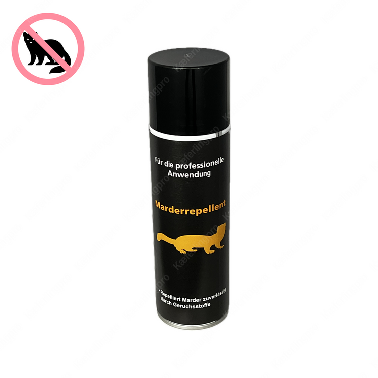 Detailansicht der 300 ml Sprühdose Marderrepellent zur gezielten Fernhaltung von Mardern in Motorraum, Dachboden, Werkstatt oder Lagerräumen – einfache Anwendung durch punktgenaues Sprühen, ideal für gewerbliche Nutzer.