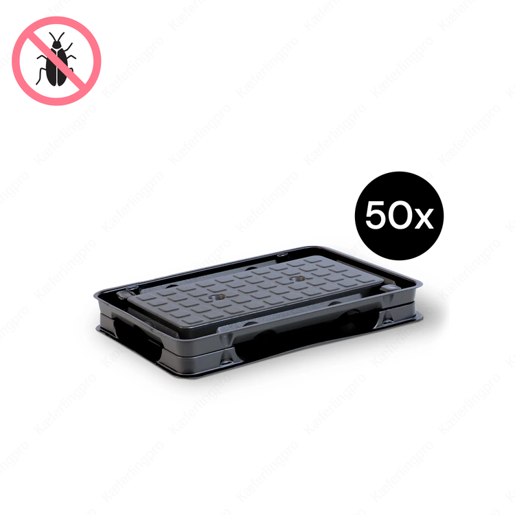 Schwarze Feuchtraum Insekten-Monitorfalle 50x – stabile und ungiftige Leimfallen zur Befallskontrolle von Schaben und kriechenden Insekten. Hygienische Lösung für den Einsatz in Gastronomie, Hotels, Küchen, Lagern und Lebensmittelbetrieben.