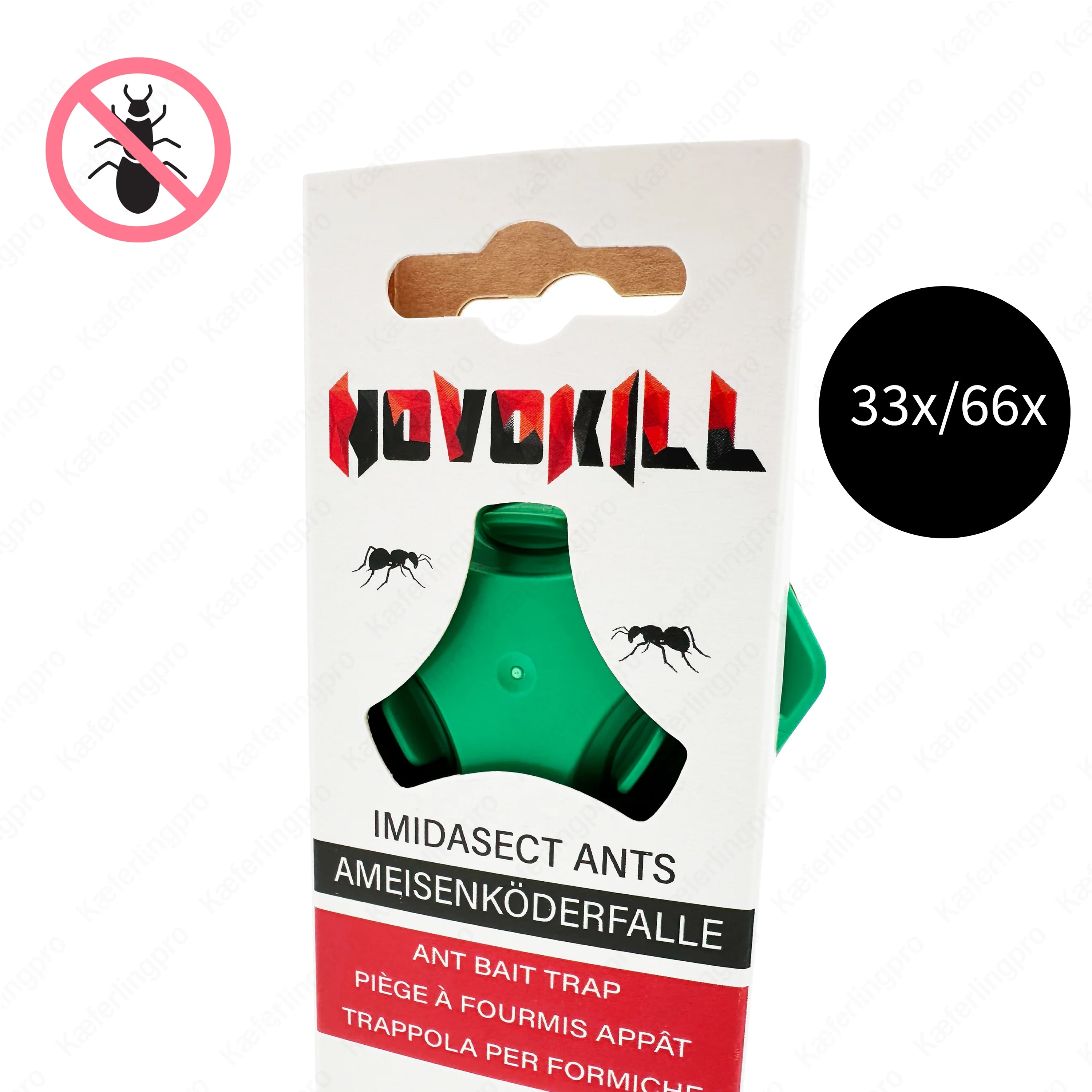 Das Bild zeigt die Novokill Ameisenköderfalle in der Großpackung mit 33 bzw. 66 Stück. Jede Falle ist mit einem hochwirksamen Imidasekt-Köder versehen, der Ameisen anzieht und das gesamte Nest zuverlässig bekämpft. Die Anwendung ist einfach und sauber: Die Fallen werden im Haus oder Garten an den Ameisenstraßen platziert, wo sie über längere Zeit hinweg kontinuierlich wirken. Dank der praktischen Packungsgrößen eignet sich das Produkt ideal für den professionellen Einsatz oder für Haushalte mit starkem Amei