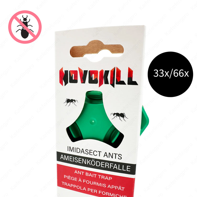 Das Bild zeigt die Novokill Ameisenköderfalle in der Großpackung mit 33 bzw. 66 Stück. Jede Falle ist mit einem hochwirksamen Imidasekt-Köder versehen, der Ameisen anzieht und das gesamte Nest zuverlässig bekämpft. Die Anwendung ist einfach und sauber: Die Fallen werden im Haus oder Garten an den Ameisenstraßen platziert, wo sie über längere Zeit hinweg kontinuierlich wirken. Dank der praktischen Packungsgrößen eignet sich das Produkt ideal für den professionellen Einsatz oder für Haushalte mit starkem Amei