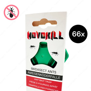 Auf dem Bild ist die Novokill Ameisenköderfalle in der großen Packung mit 66 Stück zu sehen. Die Fallen enthalten den bewährten Imidasekt-Wirkstoff, der Ameisen anzieht, aufgenommen wird und so das gesamte Nest bekämpft. Durch die geschlossene Bauweise sind die Fallen sauber in der Handhabung und eignen sich für Haus, Terrasse oder Garten. Die Großpackung ist ideal für Haushalte mit starkem Befall oder für professionelle Anwendungen, da sie über einen langen Zeitraum zuverlässig wirkt.