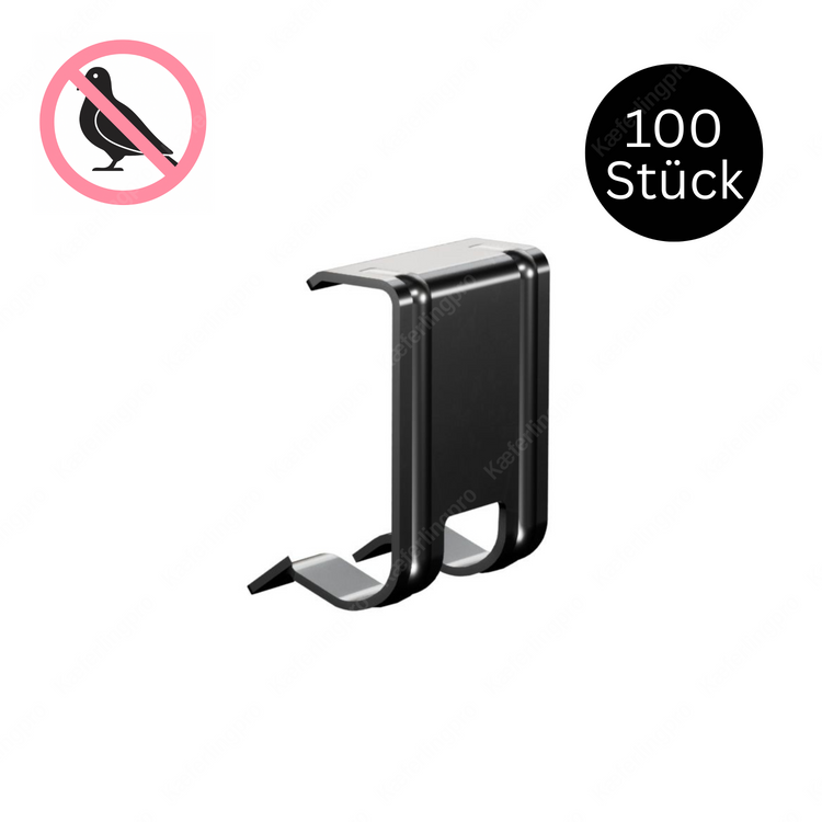 PV-Clips in Schwarz – stabile Befestigungsclips zur sicheren Montage von PV-Spikes und Vogelabwehrsystemen an Solarmodulen. Witterungsbeständig, langlebig und unauffällig für den professionellen Einsatz auf Photovoltaikanlagen.