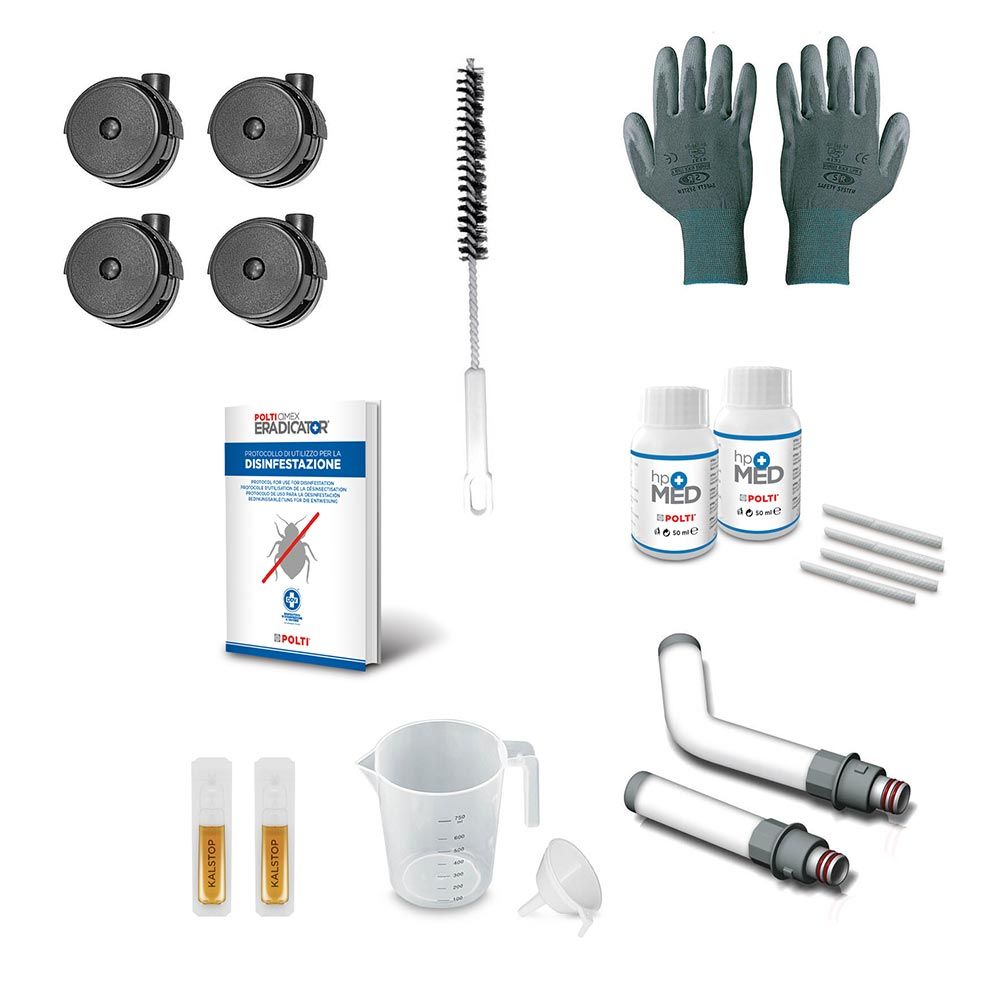 Das Bild zeigt das umfangreiche Zubehör-Set für den Polti Cimex Eradicator. Enthalten sind verschiedene Ersatzteile, eine praktische Reinigungsbürste, Schutzhandschuhe, zwei Flaschen HPMed-Lösung, Kalstop-Ampullen zur Entkalkung, sowie Messbecher und Anleitung. Diese Ausstattung unterstützt die optimale Anwendung des Dampfgeräts, sorgt für hygienische Reinigung, verlängert die Lebensdauer und steigert die Wirksamkeit bei der Bekämpfung von Bettwanzen. Ideal für den professionellen Einsatz und die sichere Ha
