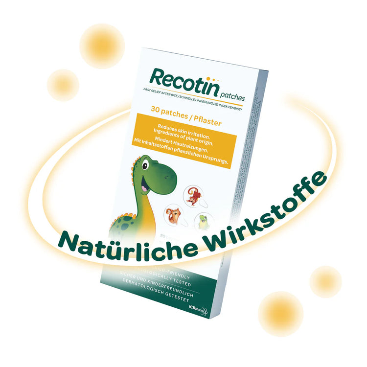 RECOTIN Mückenstich Pflaster in kindgerechten Motiven und transparent – natürliche Soforthilfe bei Insektenstichen für Kinder und Erwachsene