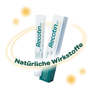 Das Bild zeigt das Recotin Gel in Tube und Verpackung, betont durch den Hinweis „Natürliche Wirkstoffe“. Dieses Gel ist speziell entwickelt, um Hautirritationen nach Insektenstichen rasch zu lindern. Es reduziert den Juckreiz, wirkt angenehm kühlend und beruhigt gereizte Hautpartien sofort. Dank pflanzlicher Inhaltsstoffe wie Andirobaöl, Panthenol und Aloe-Extrakt ist es besonders sanft und hautfreundlich. Dermatologisch getestet und für die ganze Familie geeignet, bietet das Recotin Gel eine praktische Lös