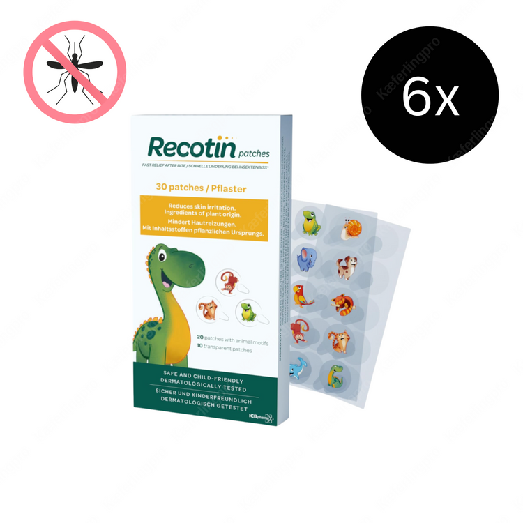 Das Bild zeigt das Recotin Patches Set mit 6 Packungen à 30 Pflaster. Jede Packung enthält 20 Pflaster mit farbenfrohen Tiermotiven und 10 transparente Pflaster. Die Patches wirken beruhigend bei Hautirritationen nach Mücken- oder Insektenstichen. Dank Inhaltsstoffen natürlichen Ursprungs sind sie besonders hautschonend und sicher für Kinder. Dermatologisch getestet und praktisch für Zuhause, Kindergarten, Schule oder unterwegs – die ideale Soforthilfe bei juckenden Stichen.
