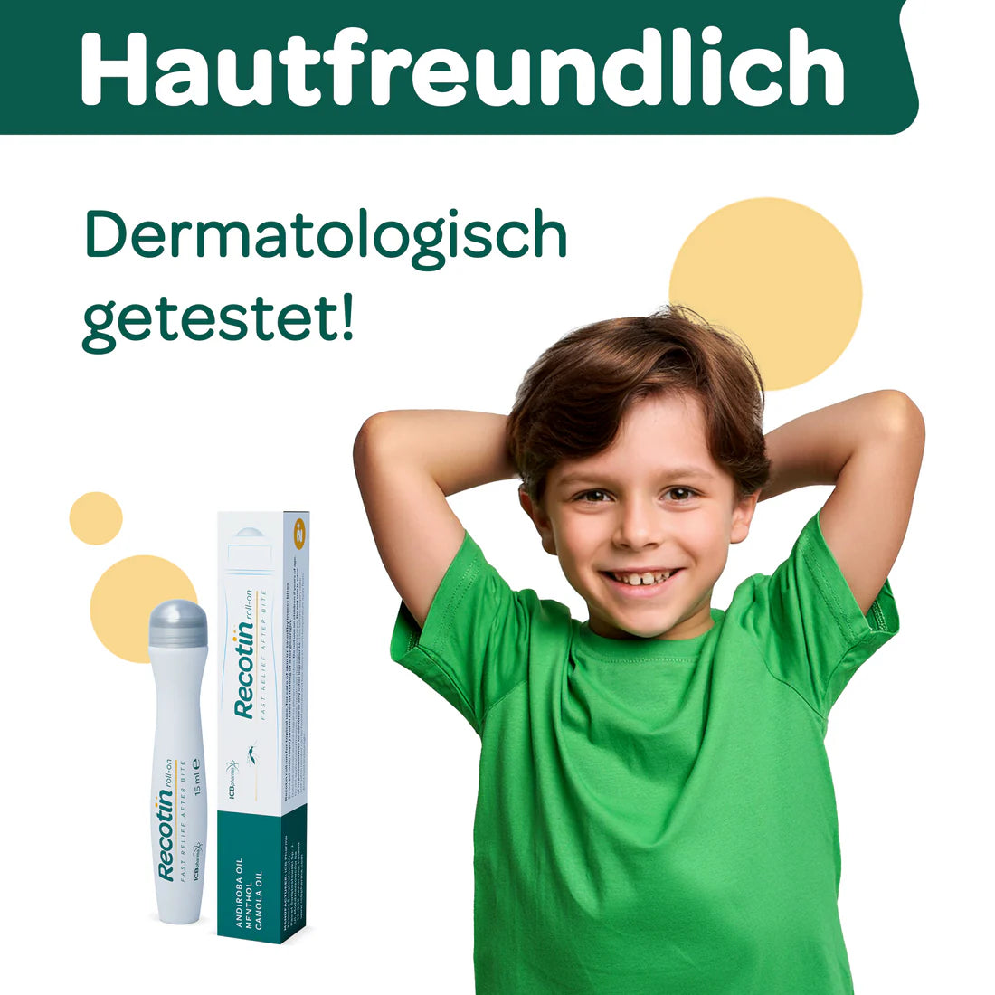 Recotin Roll-On – dermatologisch getestete Lösung gegen Juckreiz nach Insektenstichen. Hautfreundlich, sanft & ideal für Kinder und Erwachsene.
