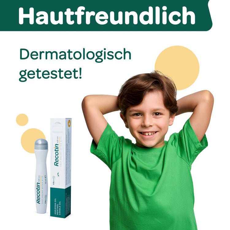 Recotin Roll-On – dermatologisch getestete Lösung gegen Juckreiz nach Insektenstichen. Hautfreundlich, sanft & ideal für Kinder und Erwachsene.