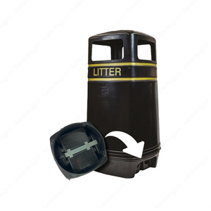 Das Bild zeigt einen schwarzen Outdoor-Abfallbehälter mit der Aufschrift „LITTER“. Der Behälter ist mit einem praktischen, abnehmbaren Bodenmodul ausgestattet, das die Entleerung erleichtert und die Reinigung besonders komfortabel macht. Dank seiner robusten Bauweise ist der Mülleimer wetterfest, vandalismussicher und ideal für den Einsatz in öffentlichen Bereichen wie Parks, Schulen, Bahnhöfen oder Fußgängerzonen. Die klar sichtbare Aufschrift sorgt für eine einfache Erkennbarkeit und trägt zur Sauberkeit 