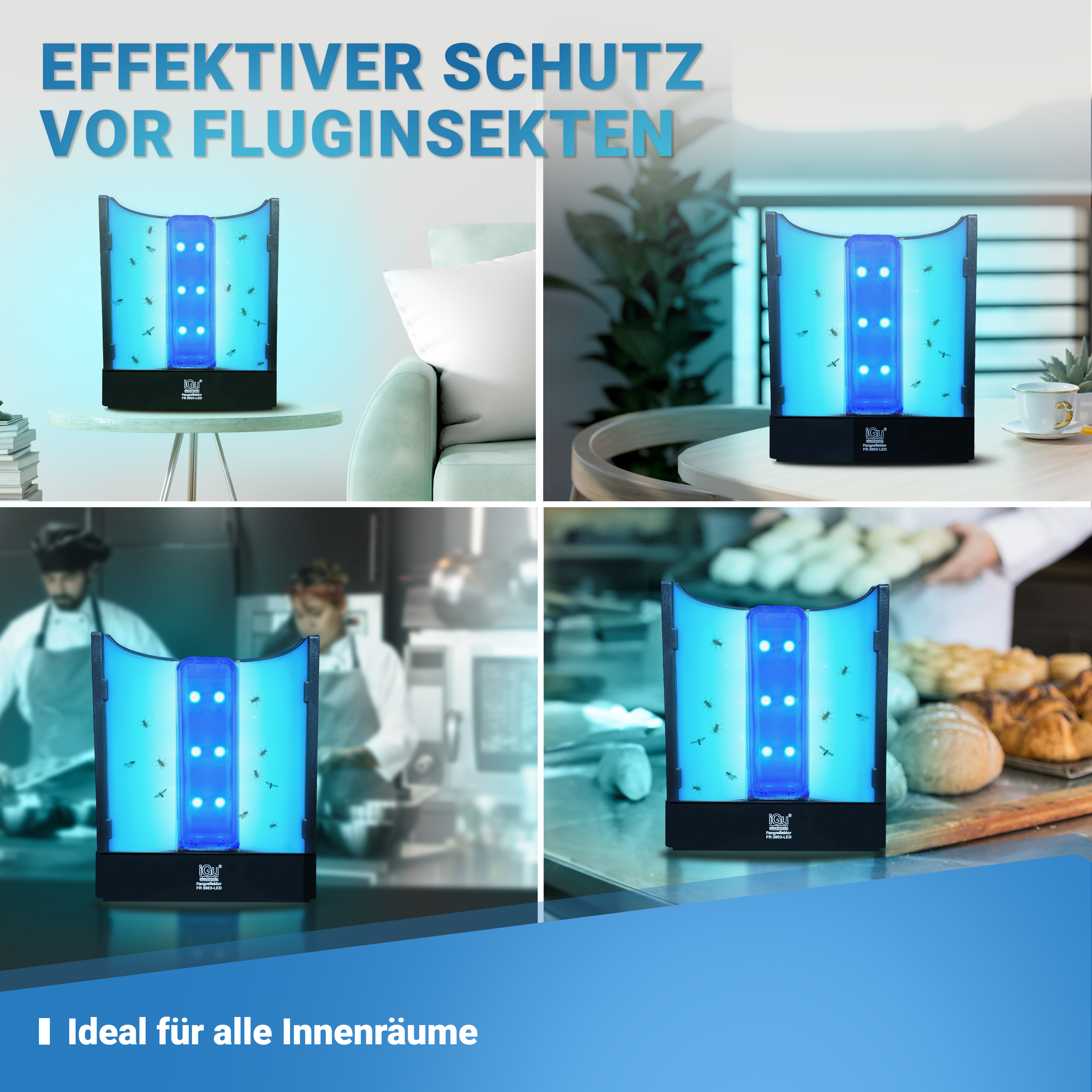 UV-Licht Fluginsektenfalle – effektives Insektenvernichtungsgerät für Innenräume. Lockt Fliegen, Mücken und andere Fluginsekten mit UV-LED an und fängt sie hygienisch. Ideal für Gastronomie, Bäckereien, Küchen, Wohnräume und Lebensmittelbetriebe.