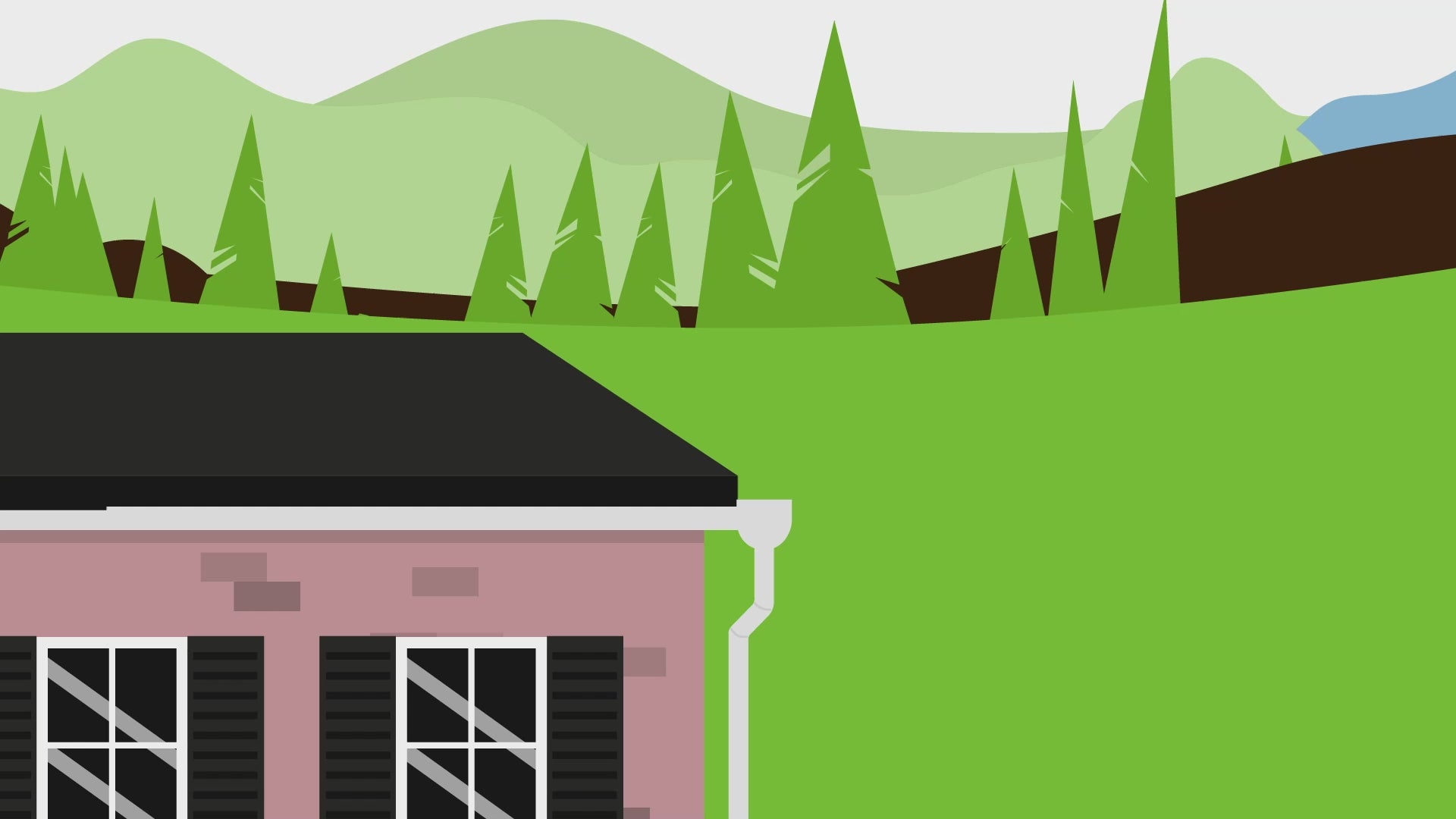 Animiertes Haus mit schwarzem Dach, weißer Dachrinne und Fallrohr vor grüner Landschaft mit Bäumen und Hügeln.