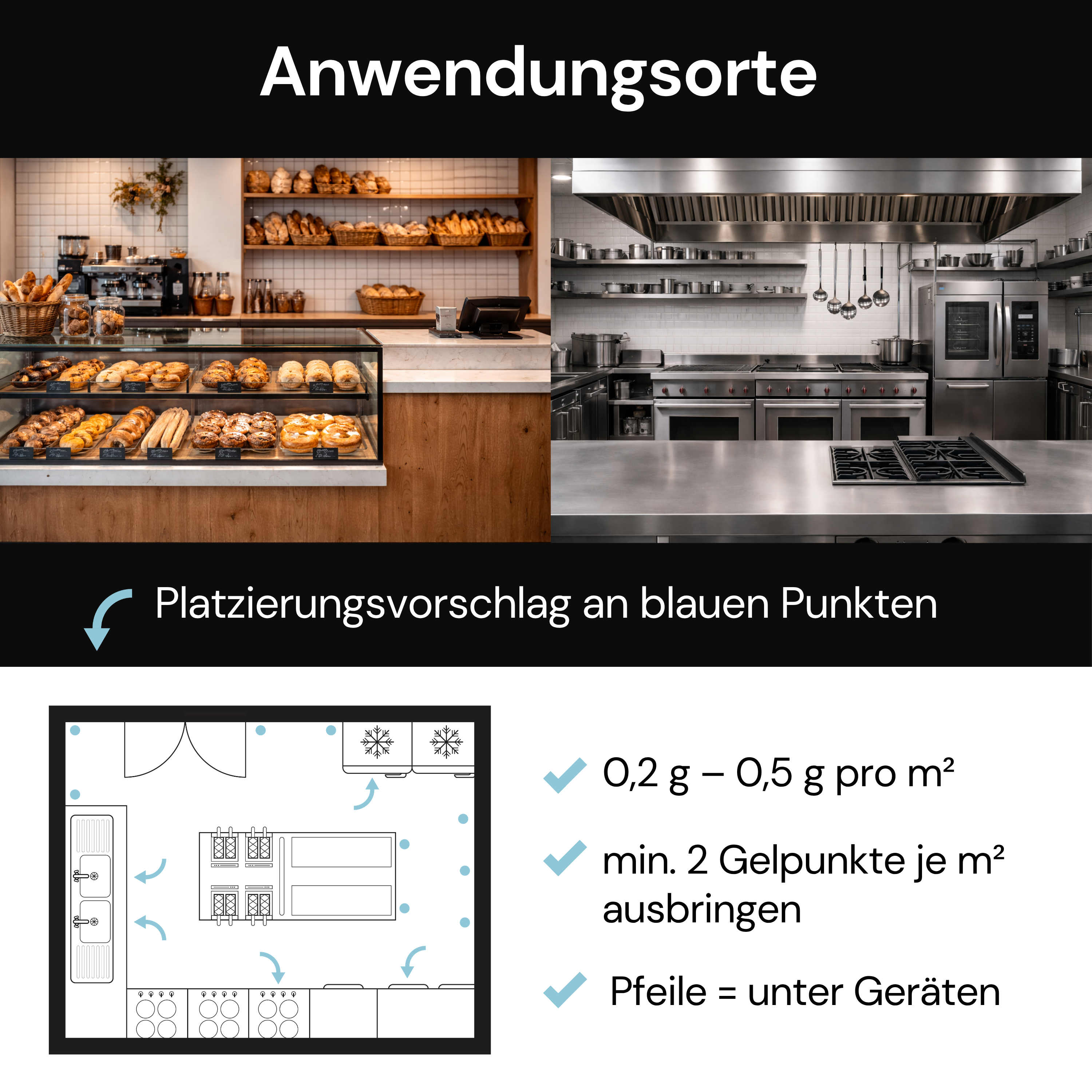 Grafik zur Schädlingsbekämpfung mit Anwendungsorten in Bäckerei und Großküche sowie Platzierungsvorschlag für Gelpunkte an markierten Bereichen im Küchenplan