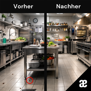 Vorher-nachher-Bild einer Großküche mit sichtbarem Kakerlakenbefall vor der Behandlung und sauberem Ergebnis nach professioneller Schädlingsbekämpfung