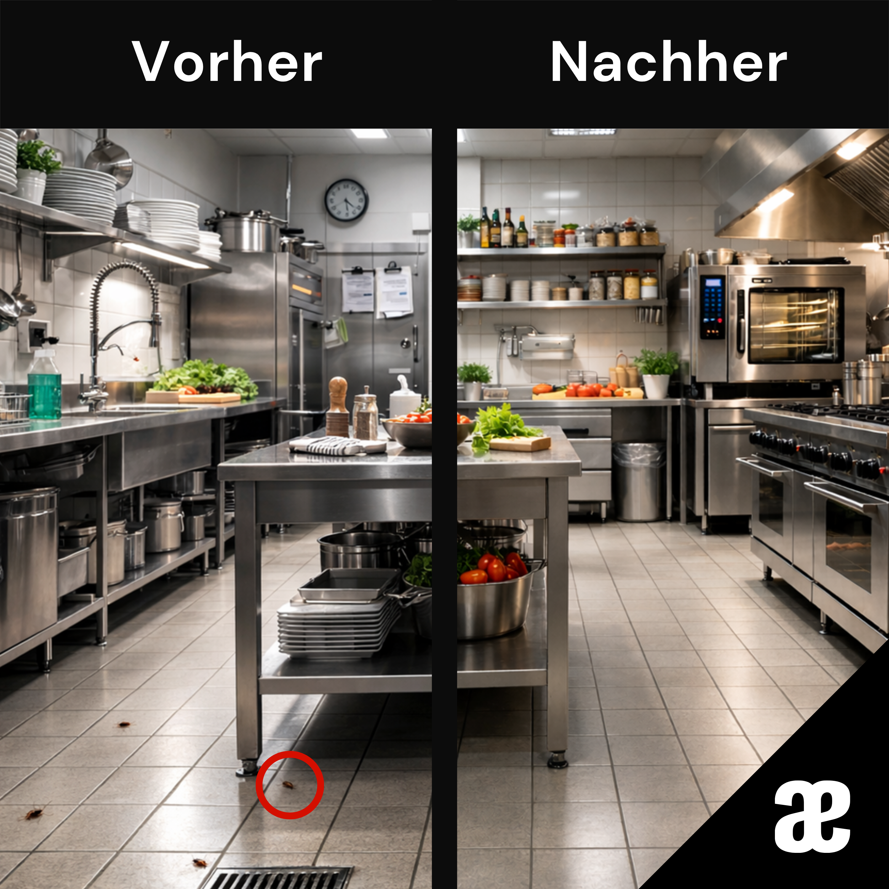 Vorher-nachher-Bild einer Großküche mit sichtbarem Kakerlakenbefall vor der Behandlung und sauberem Ergebnis nach professioneller Schädlingsbekämpfung