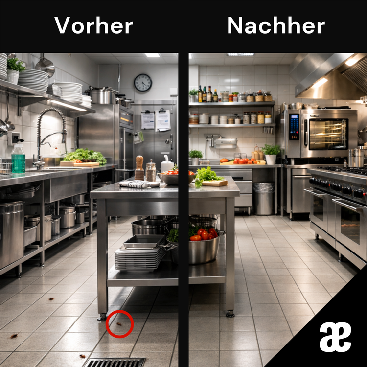 Vorher-nachher-Bild einer Großküche mit sichtbarem Kakerlakenbefall vor der Behandlung und sauberem Ergebnis nach professioneller Schädlingsbekämpfung