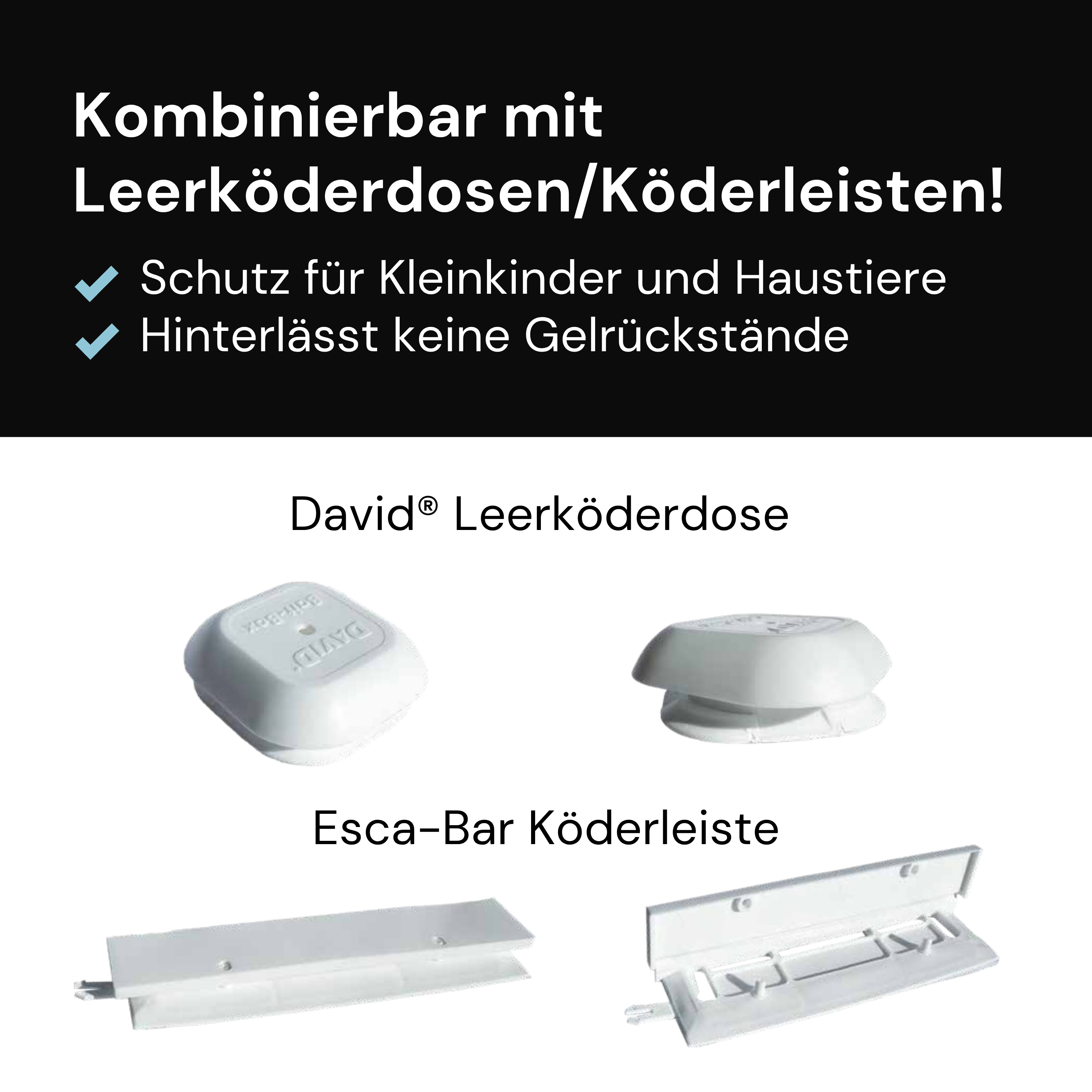 Leerköderdose und Köderleiste für Gelköder in der Schädlingsbekämpfung, kindersicher und ohne Gelrückstände