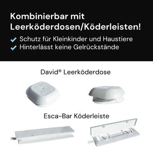 Grafik zur Schädlingsbekämpfung mit Hinweis auf die kombinierbare Anwendung mit Leerköderdosen und Köderleisten, inklusive Schutz für Kleinkinder und Haustiere sowie rückstandsarmer Anwendung