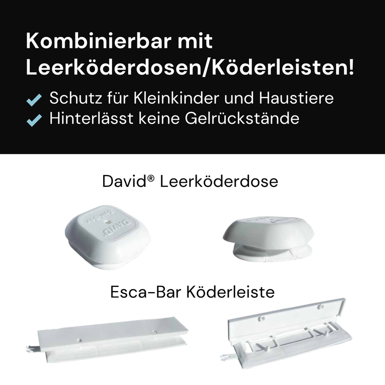 Grafik zur Schädlingsbekämpfung mit Hinweis auf die kombinierbare Anwendung mit Leerköderdosen und Köderleisten, inklusive Schutz für Kleinkinder und Haustiere sowie rückstandsarmer Anwendung
